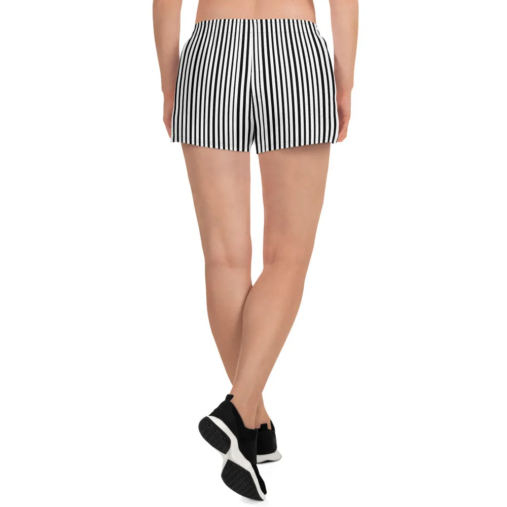 Vertical Striped Women's Shorts, Vertical Stripe Black White Athletic Short Shorts- Made in EU