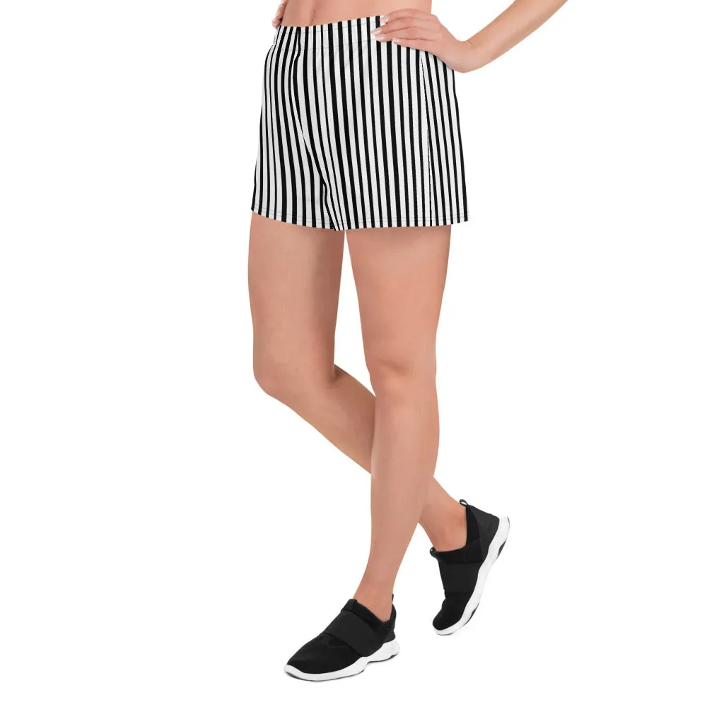 Vertical Striped Women's Shorts, Vertical Stripe Black White Athletic Short Shorts- Made in EU