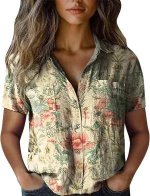 Vintage Boho Tops for Women Floral Print Shirt Casual Short Sleeve Button Up Blouses Short Sleeve Boho Shirts Tops