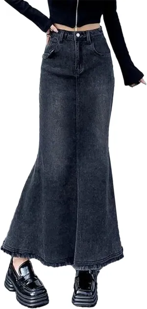 Vintage Distressed Fashion Midi Denim Skirts for Women High Waisted Trumpet Fishtail A Line Skirts