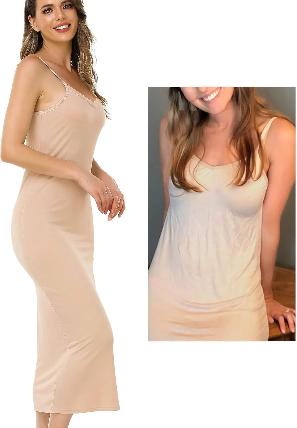 Vlazom Long Slip Dress for Women, Basic Adjustable Spaghetti Straps Cami Slip Dress Soft V Neck Nightgown Under Dresses