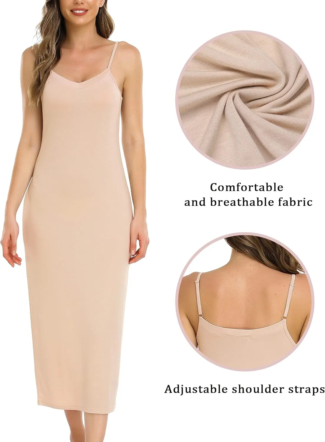 Vlazom Long Slip Dress for Women, Basic Adjustable Spaghetti Straps Cami Slip Dress Soft V Neck Nightgown Under Dresses
