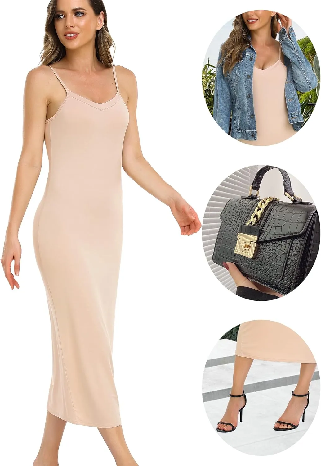 Vlazom Long Slip Dress for Women, Basic Adjustable Spaghetti Straps Cami Slip Dress Soft V Neck Nightgown Under Dresses