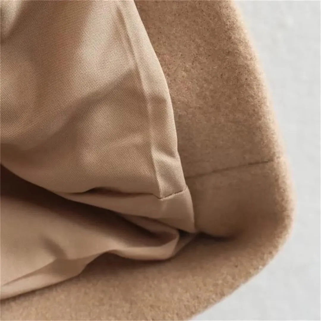 Vsadsau Women Double Breasted Trench Coats Solid Long Wool Blend Overcoat Notch Collar Pocket Overcoat