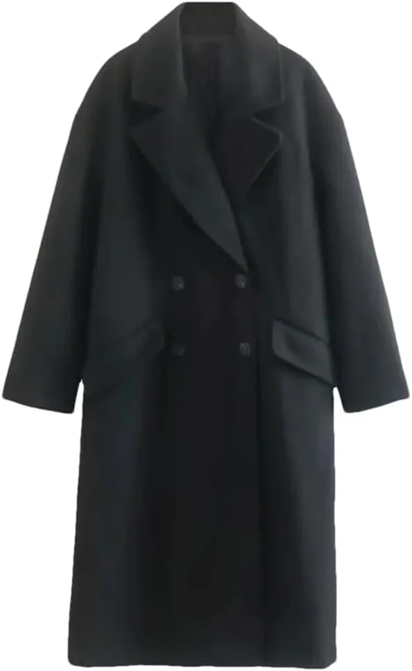 Vsadsau Women Double Breasted Trench Coats Solid Long Wool Blend Overcoat Notch Collar Pocket Overcoat