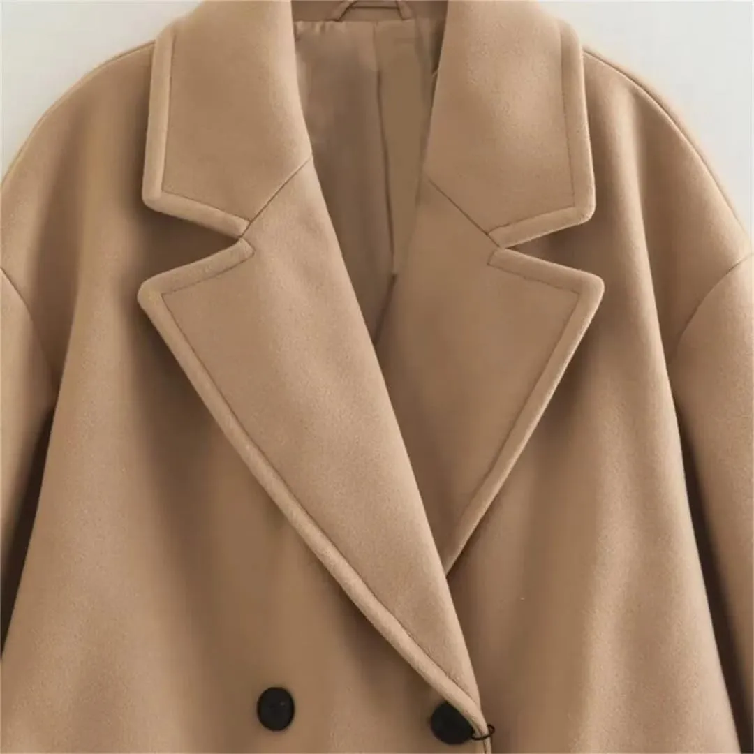 Vsadsau Women Double Breasted Trench Coats Solid Long Wool Blend Overcoat Notch Collar Pocket Overcoat