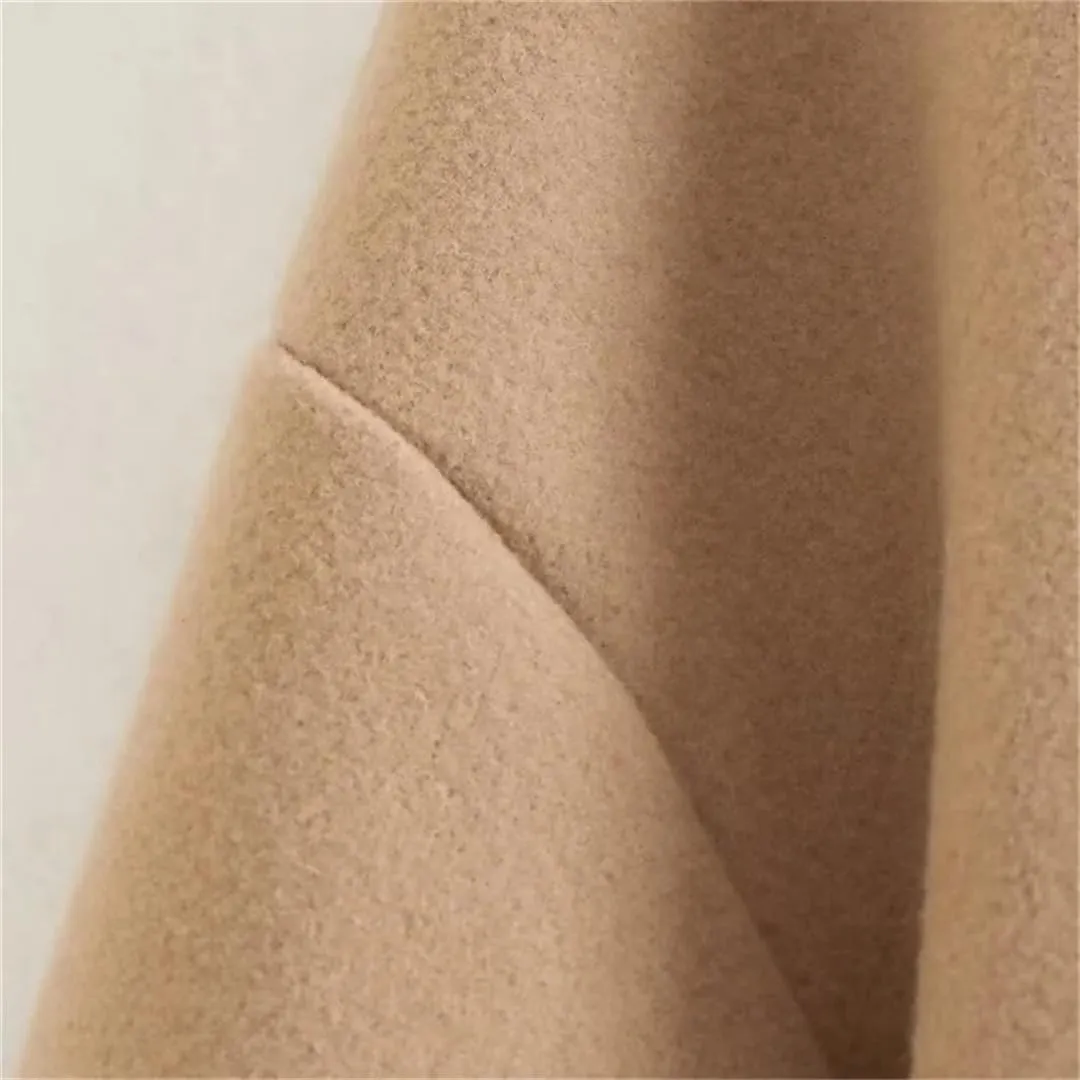 Vsadsau Women Double Breasted Trench Coats Solid Long Wool Blend Overcoat Notch Collar Pocket Overcoat