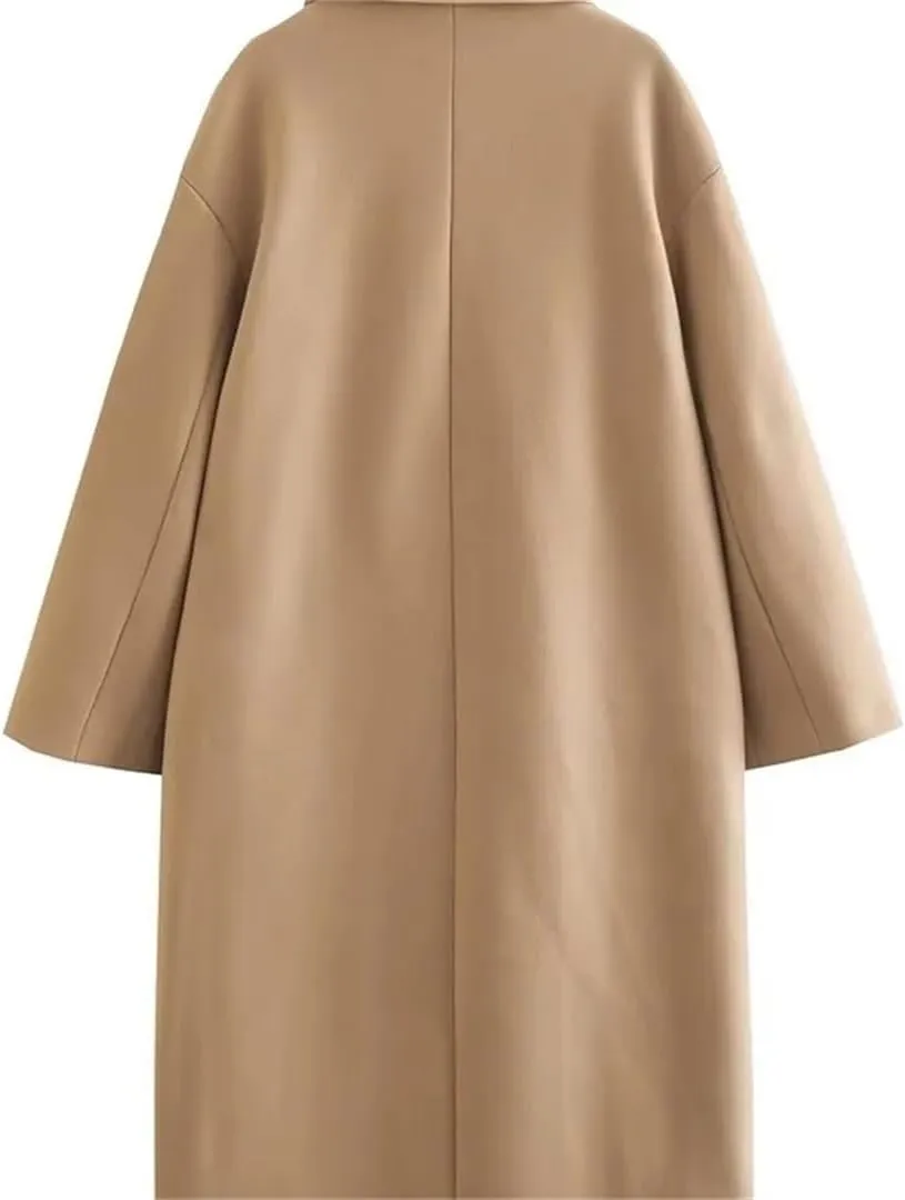 Vsadsau Women Double Breasted Trench Coats Solid Long Wool Blend Overcoat Notch Collar Pocket Overcoat