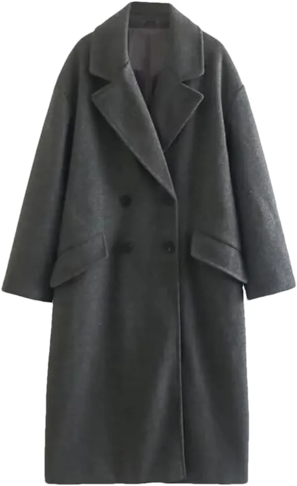 Vsadsau Women Double Breasted Trench Coats Solid Long Wool Blend Overcoat Notch Collar Pocket Overcoat