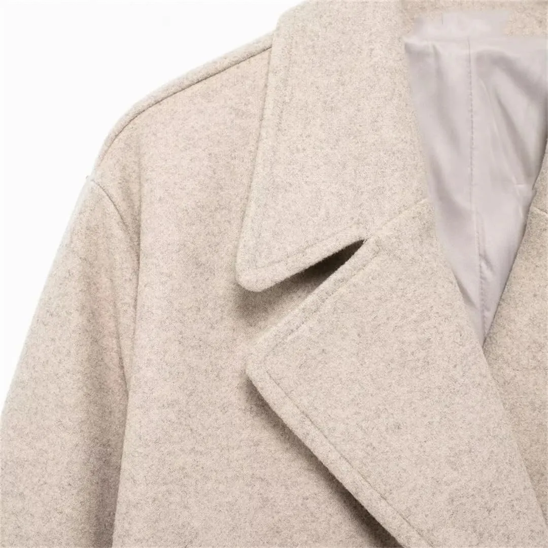 Vsadsau Women's Solid Lapel Double-Breasted Overcoat Mit Length Trench Coat Wool Blend Pea Jacket
