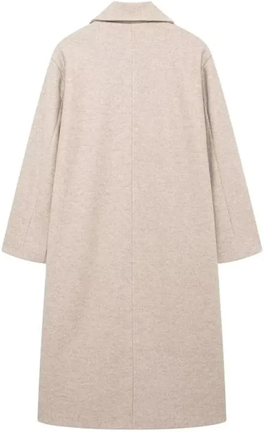 Vsadsau Women's Solid Lapel Double-Breasted Overcoat Mit Length Trench Coat Wool Blend Pea Jacket