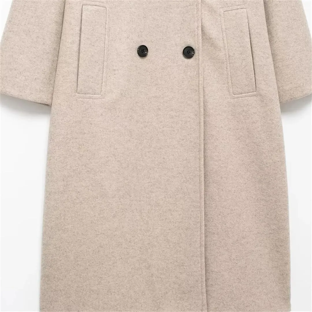 Vsadsau Women's Solid Lapel Double-Breasted Overcoat Mit Length Trench Coat Wool Blend Pea Jacket