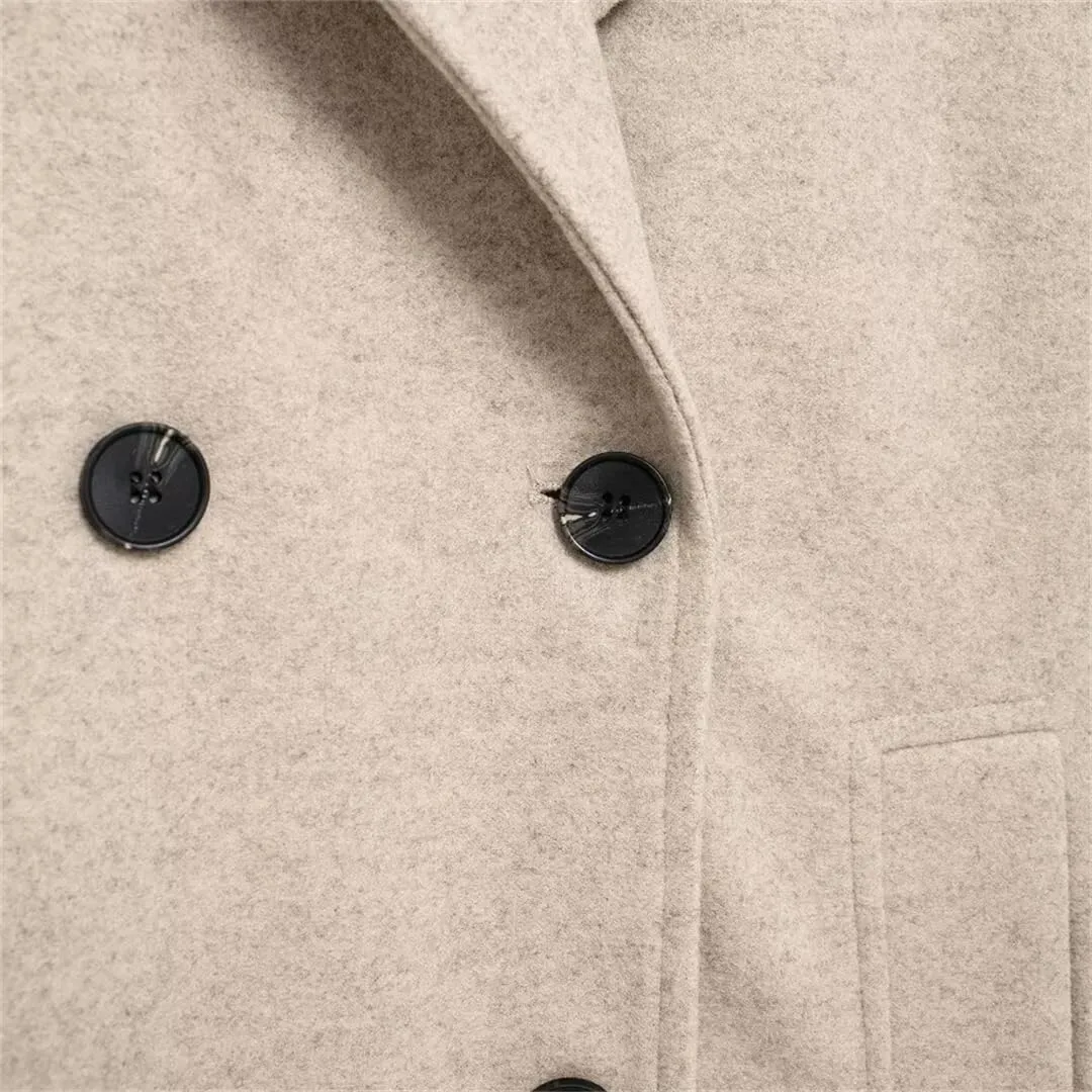 Vsadsau Women's Solid Lapel Double-Breasted Overcoat Mit Length Trench Coat Wool Blend Pea Jacket
