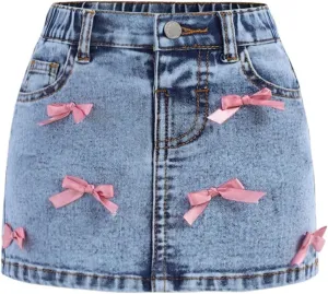 WDIRARA Toddler Girl's Cute Bow Denim Skirts High Waisted Mini Jean Skirts