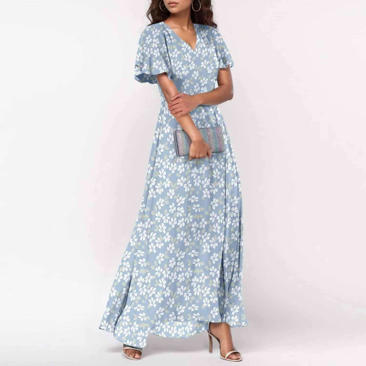 Wedding Guest Dresses for Women,Flowy Spring Summer Dresses for Women 2025 Trendy Floral Maxi Dress Short Sleeve
