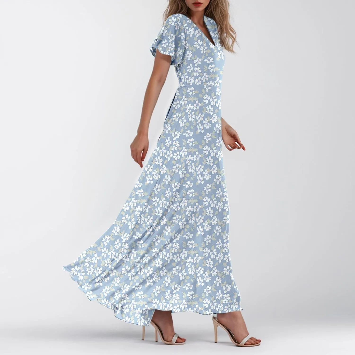 Wedding Guest Dresses for Women,Flowy Spring Summer Dresses for Women 2025 Trendy Floral Maxi Dress Short Sleeve