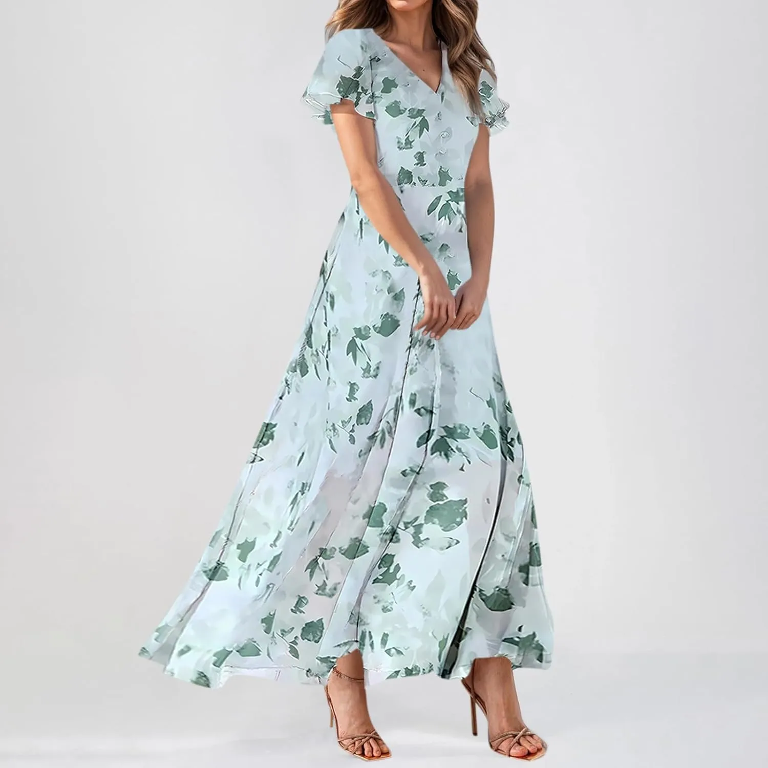 Wedding Guest Dresses for Women,Flowy Spring Summer Dresses for Women 2025 Trendy Floral Maxi Dress Short Sleeve
