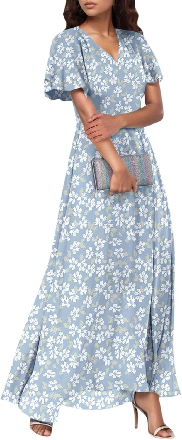 Wedding Guest Dresses for Women,Flowy Spring Summer Dresses for Women 2025 Trendy Floral Maxi Dress Short Sleeve