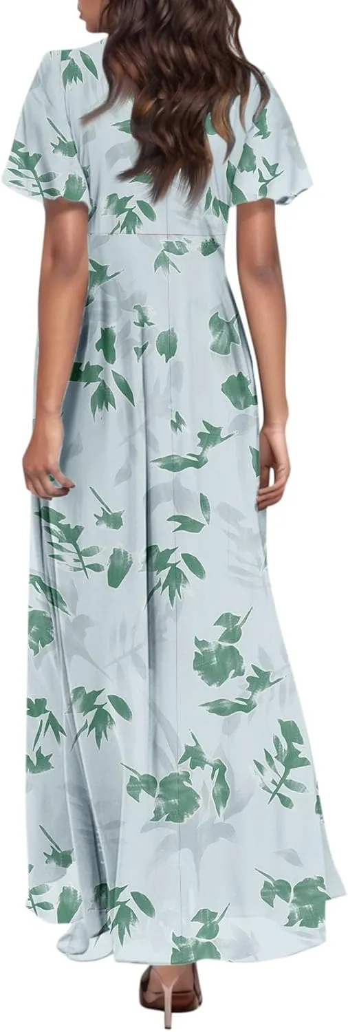 Wedding Guest Dresses for Women,Flowy Spring Summer Dresses for Women 2025 Trendy Floral Maxi Dress Short Sleeve