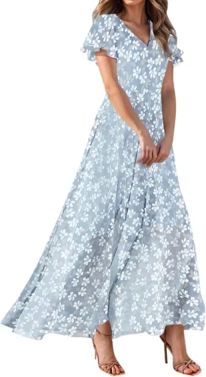 Wedding Guest Dresses for Women,Flowy Spring Summer Dresses for Women 2025 Trendy Floral Maxi Dress Short Sleeve