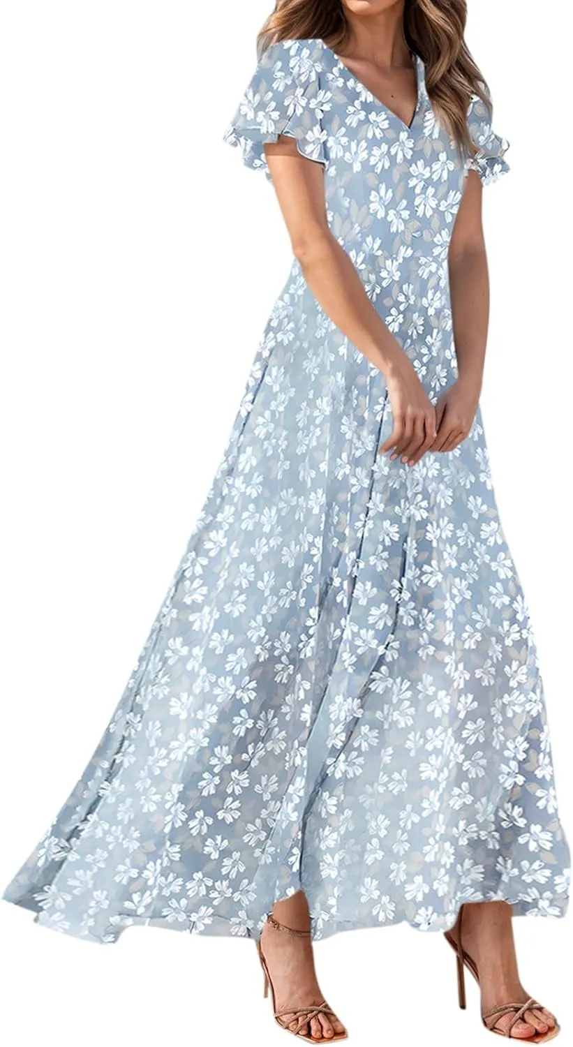 Wedding Guest Dresses for Women,Flowy Spring Summer Dresses for Women 2025 Trendy Floral Maxi Dress Short Sleeve