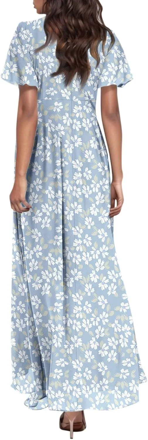 Wedding Guest Dresses for Women,Flowy Spring Summer Dresses for Women 2025 Trendy Floral Maxi Dress Short Sleeve