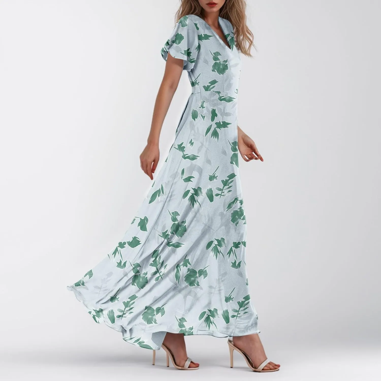 Wedding Guest Dresses for Women,Flowy Spring Summer Dresses for Women 2025 Trendy Floral Maxi Dress Short Sleeve