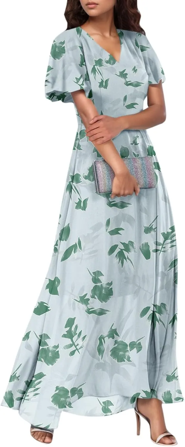 Wedding Guest Dresses for Women,Flowy Spring Summer Dresses for Women 2025 Trendy Floral Maxi Dress Short Sleeve
