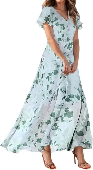 Wedding Guest Dresses for Women,Flowy Spring Summer Dresses for Women 2025 Trendy Floral Maxi Dress Short Sleeve