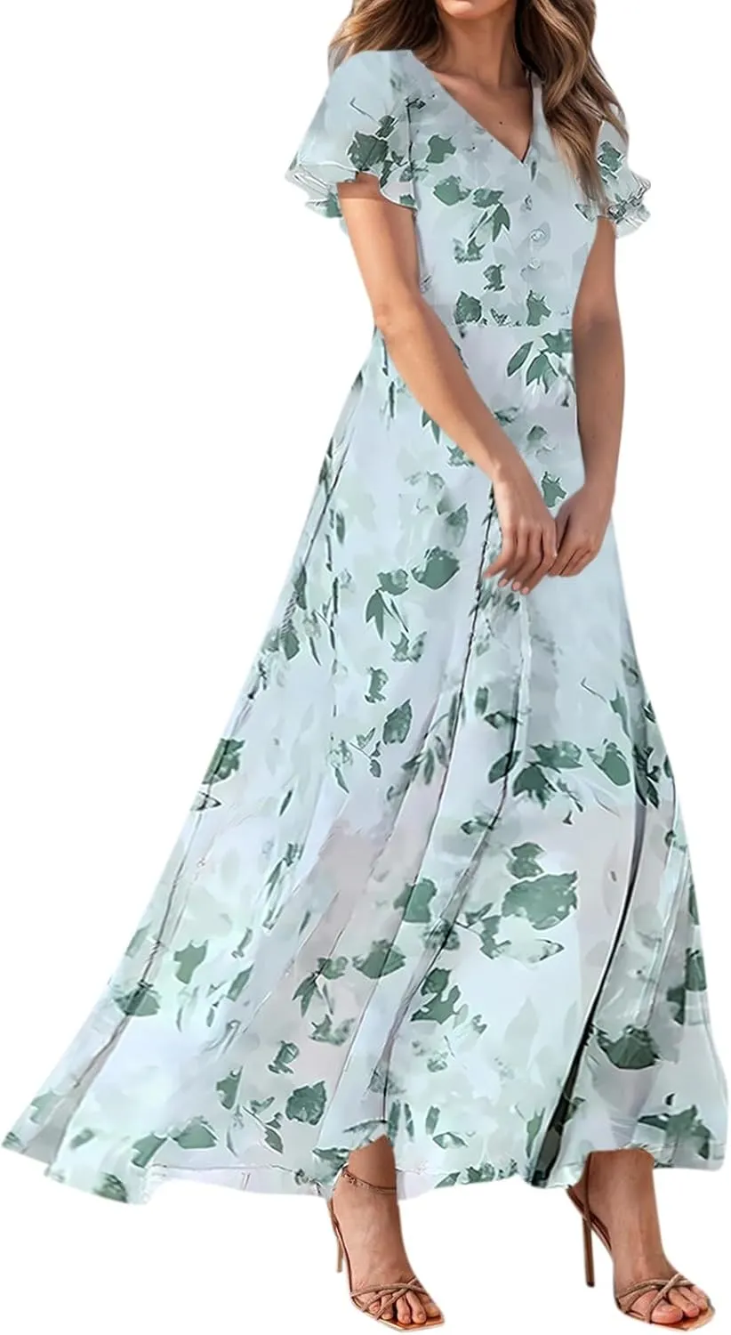 Wedding Guest Dresses for Women,Flowy Spring Summer Dresses for Women 2025 Trendy Floral Maxi Dress Short Sleeve