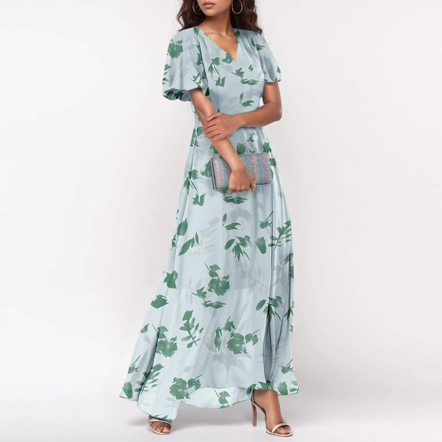 Wedding Guest Dresses for Women,Flowy Spring Summer Dresses for Women 2025 Trendy Floral Maxi Dress Short Sleeve