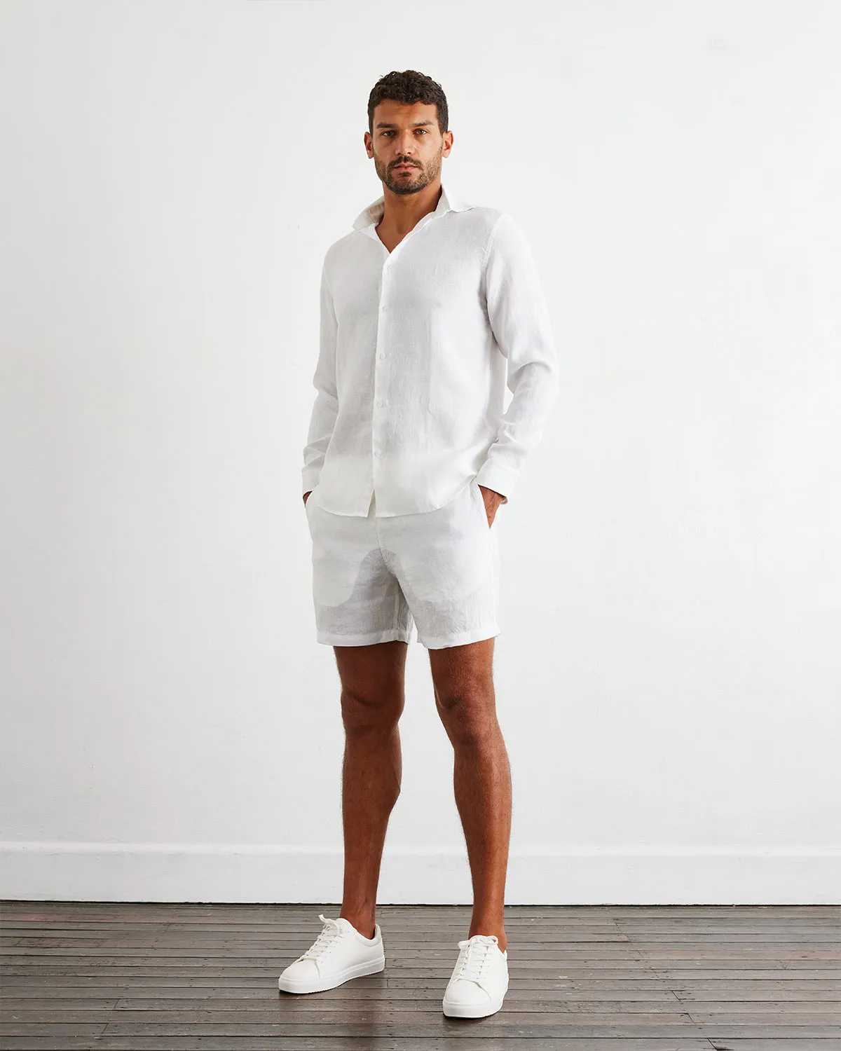 White 100% French Flax Linen Men's Long Sleeve Shirt