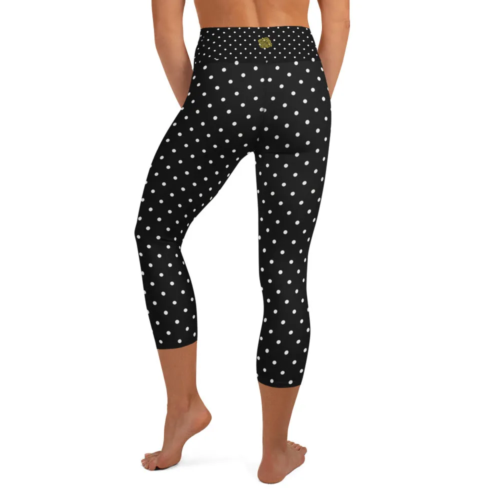 White Dots Women's Capri Leggings, Polka Dots Women's Black Tights-Made in USA/EU