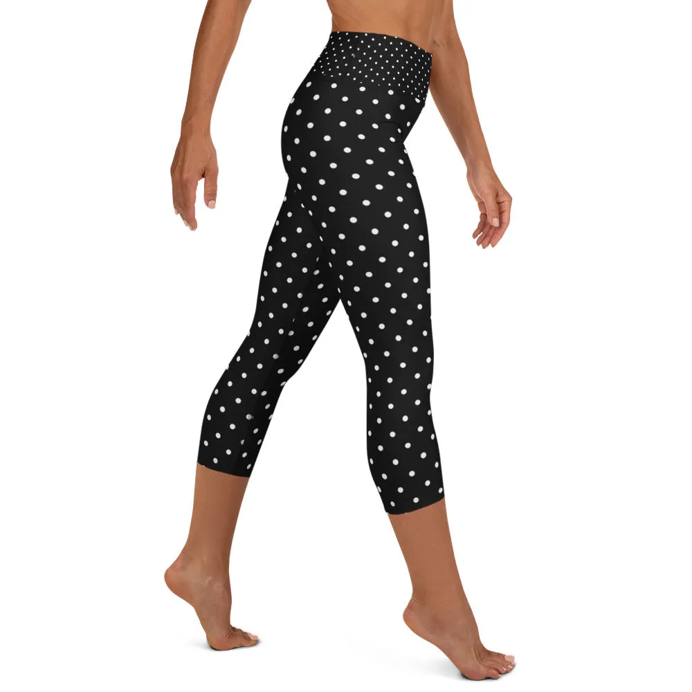White Dots Women's Capri Leggings, Polka Dots Women's Black Tights-Made in USA/EU