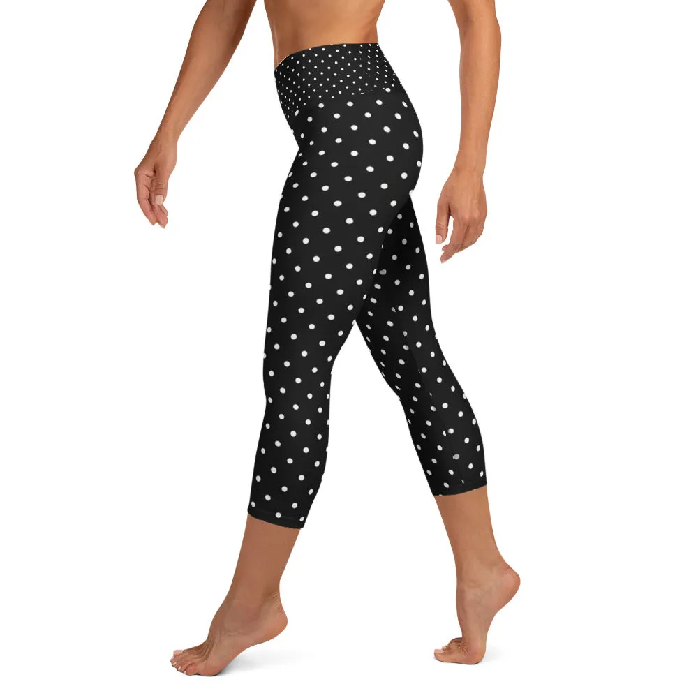 White Dots Women's Capri Leggings, Polka Dots Women's Black Tights-Made in USA/EU