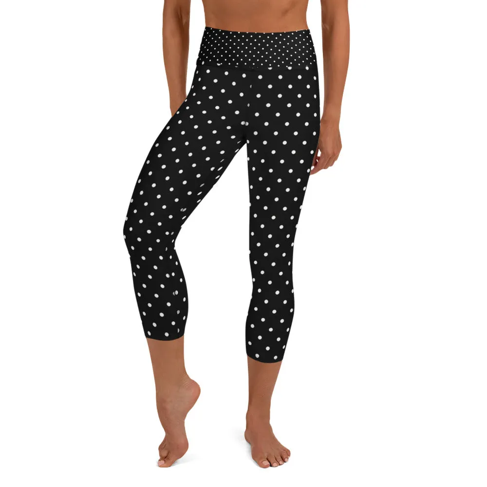 White Dots Women's Capri Leggings, Polka Dots Women's Black Tights-Made in USA/EU
