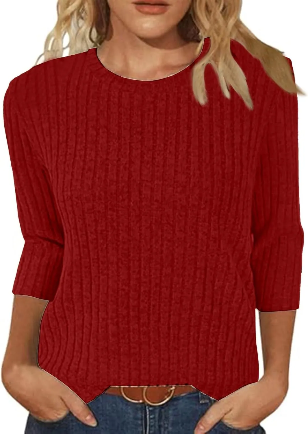 Winter 3/4 Length Sleeve Casual Tops Trendy Ribbed Knit Sweaters 2024 Sweatshirts Plus Size