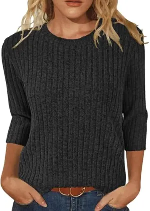 Winter 3/4 Length Sleeve Casual Tops Trendy Ribbed Knit Sweaters 2024 Sweatshirts Plus Size