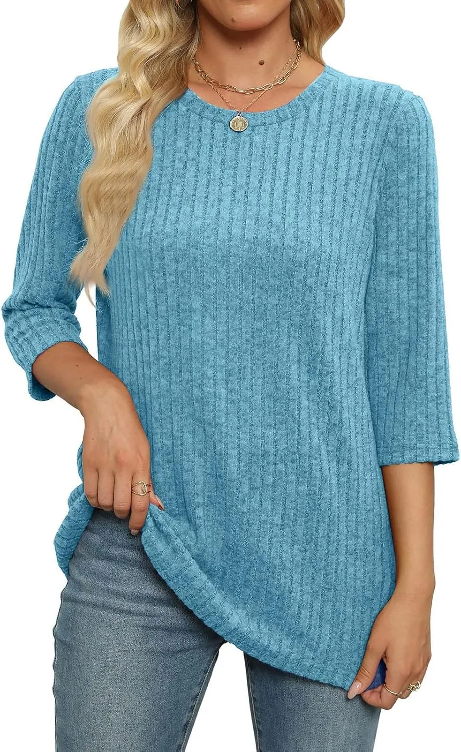 Winter 3/4 Length Sleeve Casual Tops Trendy Ribbed Knit Sweaters 2024 Sweatshirts Plus Size