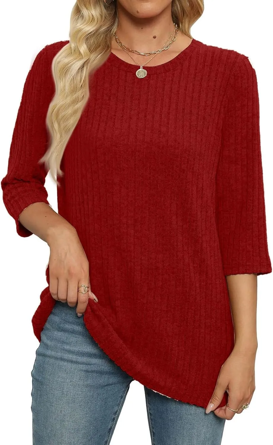 Winter 3/4 Length Sleeve Casual Tops Trendy Ribbed Knit Sweaters 2024 Sweatshirts Plus Size