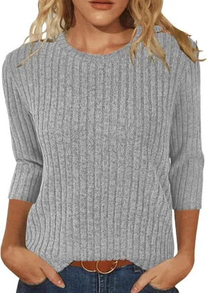 Winter 3/4 Length Sleeve Casual Tops Trendy Ribbed Knit Sweaters 2024 Sweatshirts Plus Size