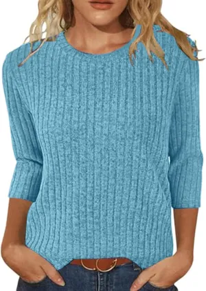 Winter 3/4 Length Sleeve Casual Tops Trendy Ribbed Knit Sweaters 2024 Sweatshirts Plus Size