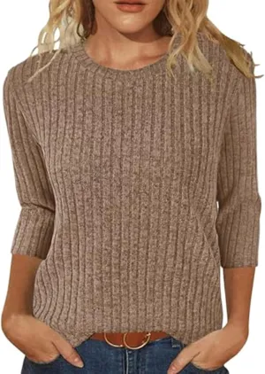 Winter 3/4 Sleeve Tops Plus Size Ribbed Knit Cozy Sweaters Fuzzy Cute Sweatshirts for Women Preppy