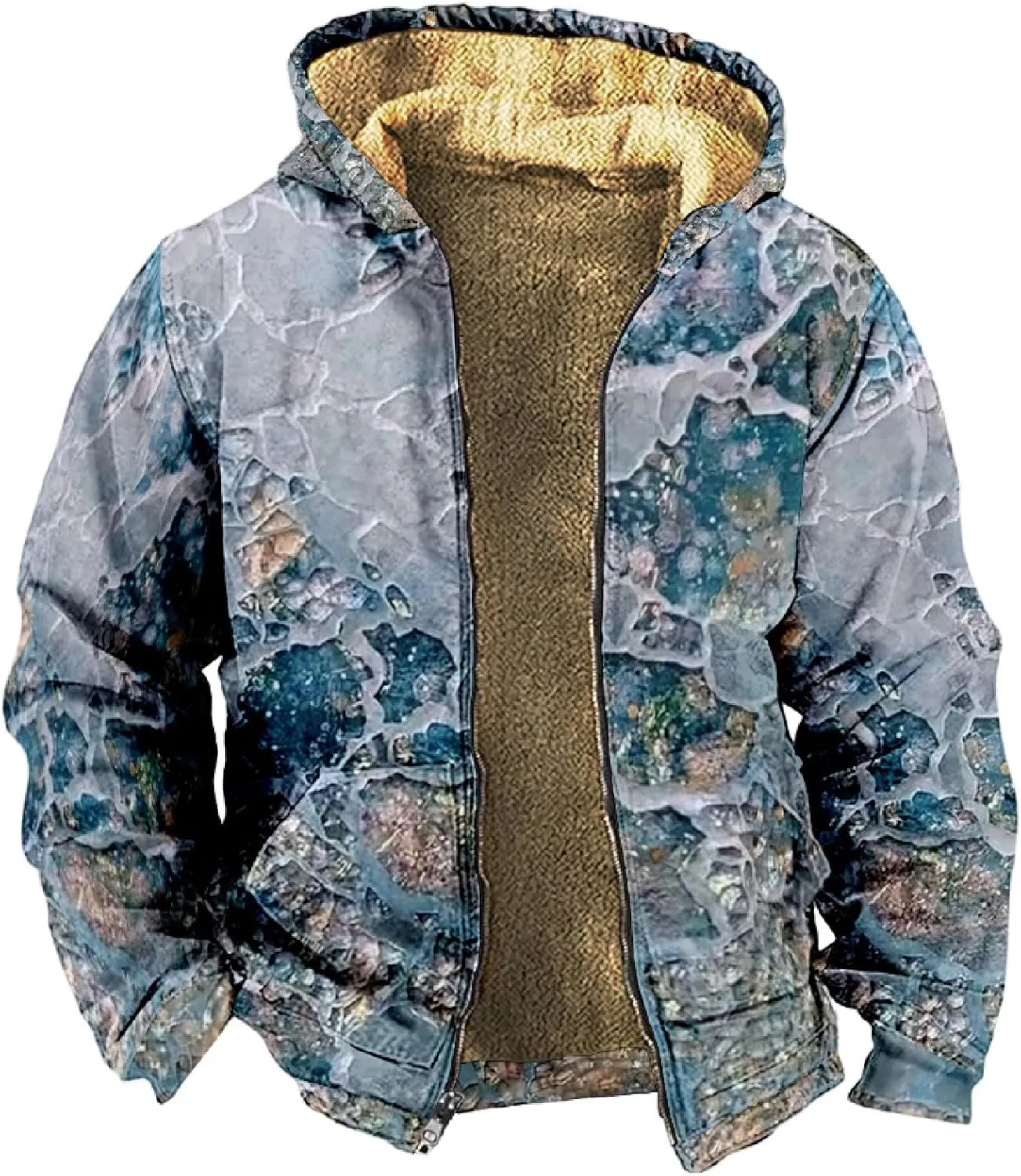 Winter Jacket For Men With Hood Fleece Lined Zipper Graphic Coat Heated Heavy Fashion Jacket
