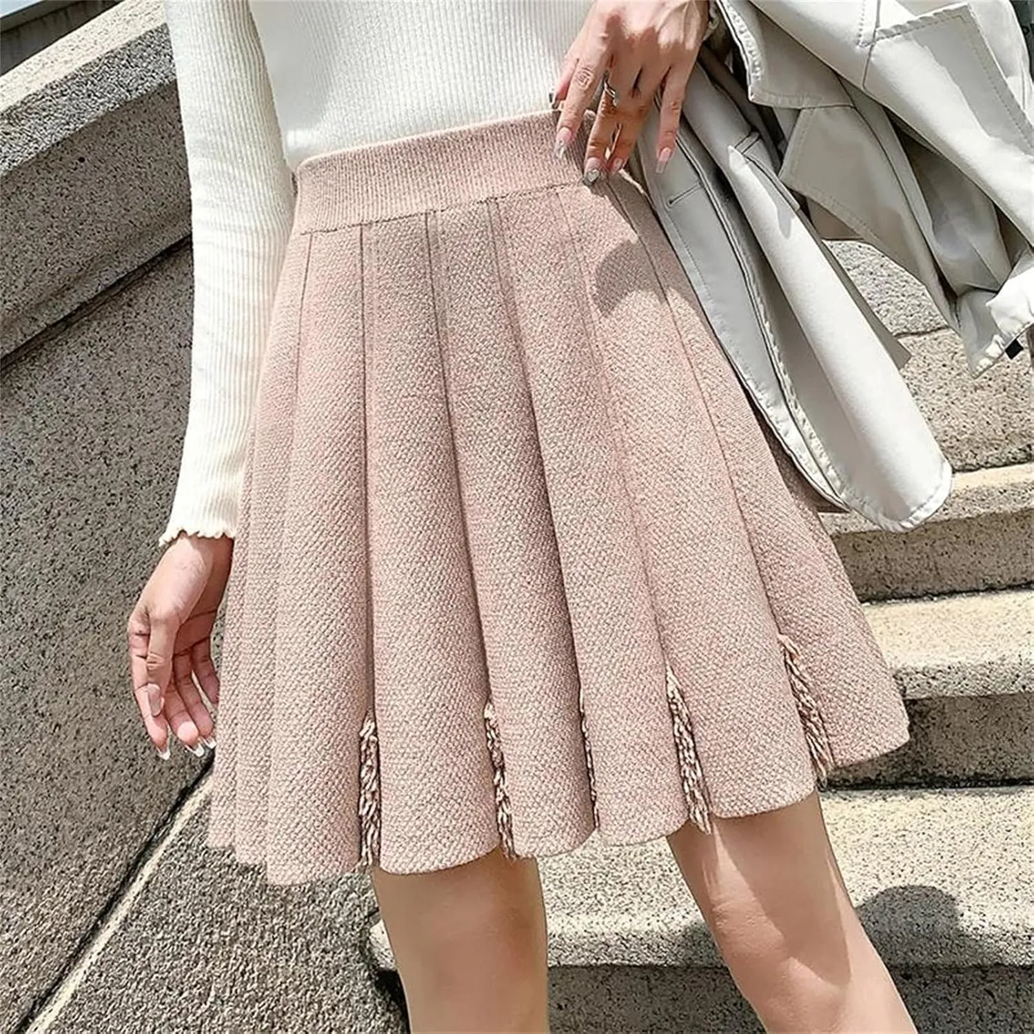 Winter Knitted Skirts Women High Waist Pleated Mini Skirts Solid Stretch A-Line Casual Skirt