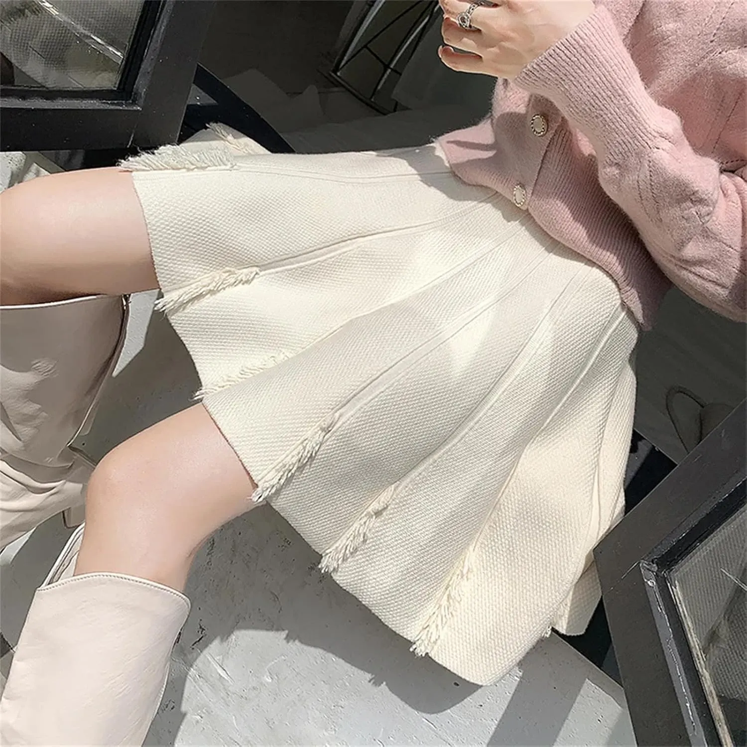 Winter Knitted Skirts Women High Waist Pleated Mini Skirts Solid Stretch A-Line Casual Skirt