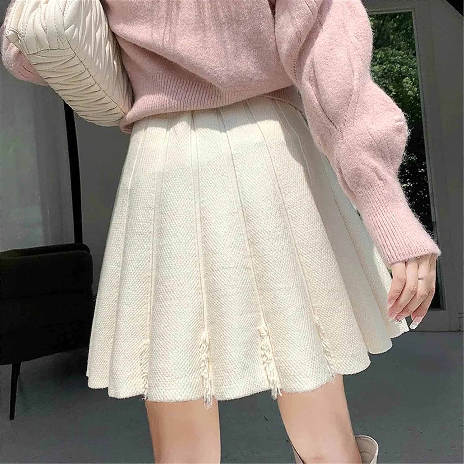 Winter Knitted Skirts Women High Waist Pleated Mini Skirts Solid Stretch A-Line Casual Skirt