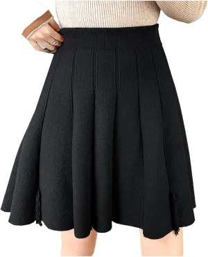 Winter Knitted Skirts Women High Waist Pleated Mini Skirts Solid Stretch A-Line Casual Skirt