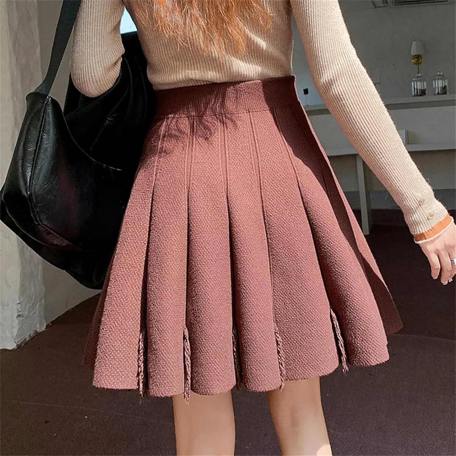 Winter Knitted Skirts Women High Waist Pleated Mini Skirts Solid Stretch A-Line Casual Skirt
