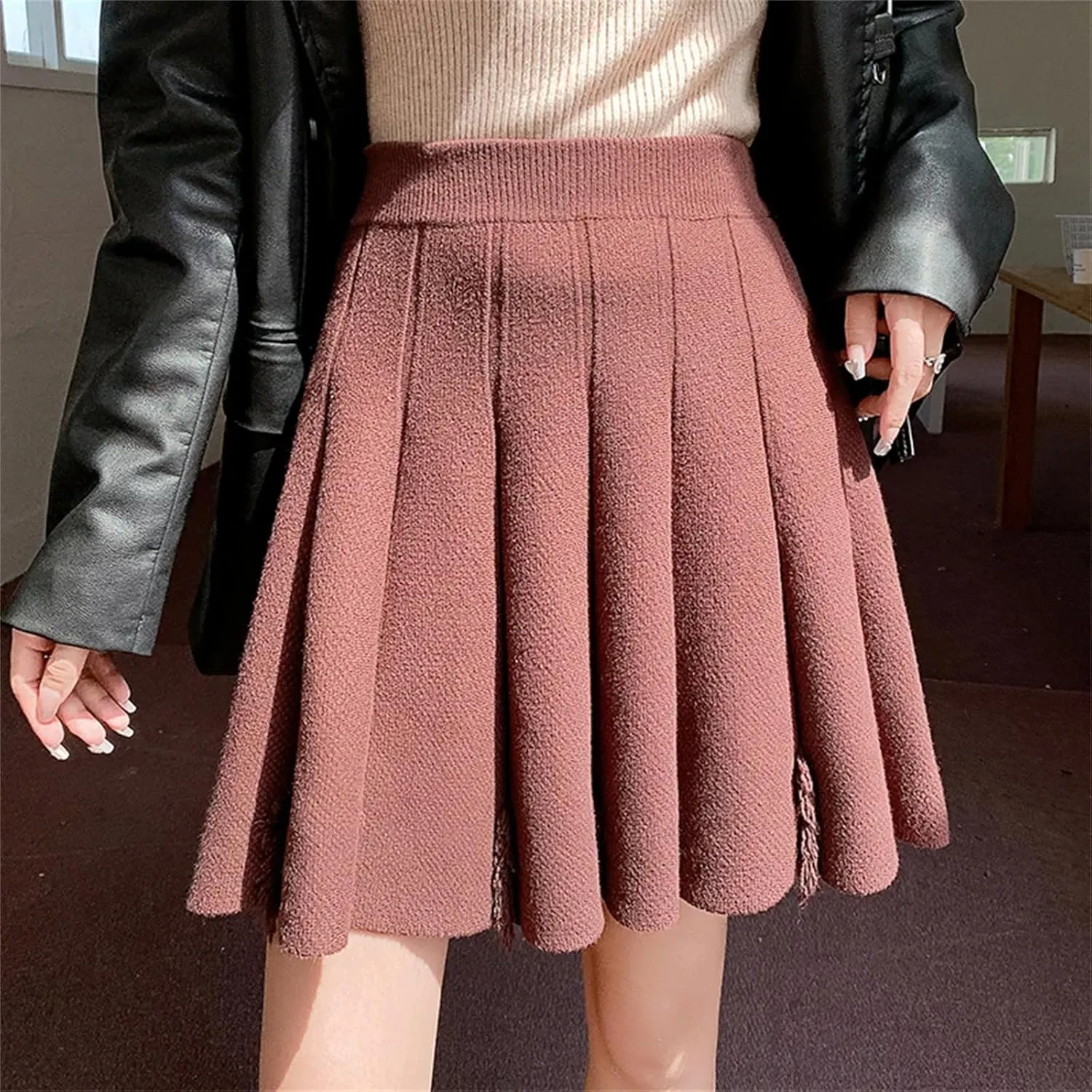 Winter Knitted Skirts Women High Waist Pleated Mini Skirts Solid Stretch A-Line Casual Skirt